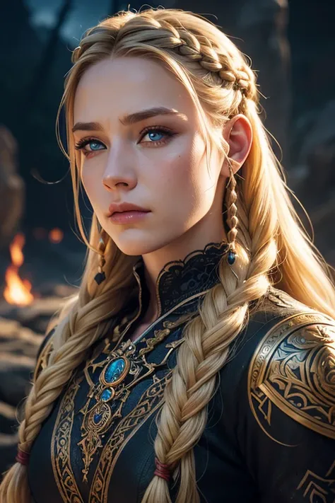 a young beautiful angry Norse princess with blonde braids, intricate detailed portrait, cinematic lighting, very high quality, dramatic fantasy art, dramatic lighting, vibrant colors, lush ornate background, highly detailed, photorealistic, 8k