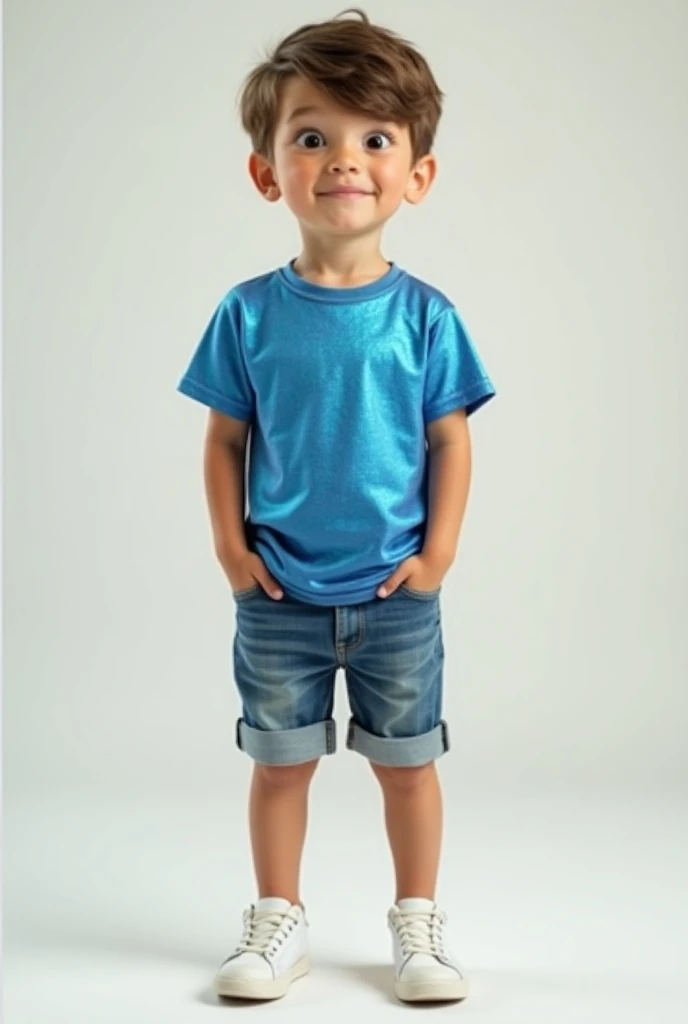 Nine-year-old boy, Lamê blue t-shirt and denim shorts with sneakers 
