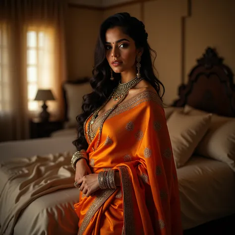 Beautiful indian women, hot in saree, glamour, pretty look, long hair, cute face, beautiful eyes, expensive jewels, cozy night bedroom, standing, sexy waist, capture to thighs
