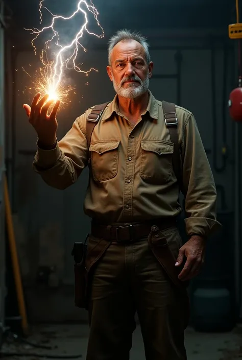 An electrician with his hand up holding lightning