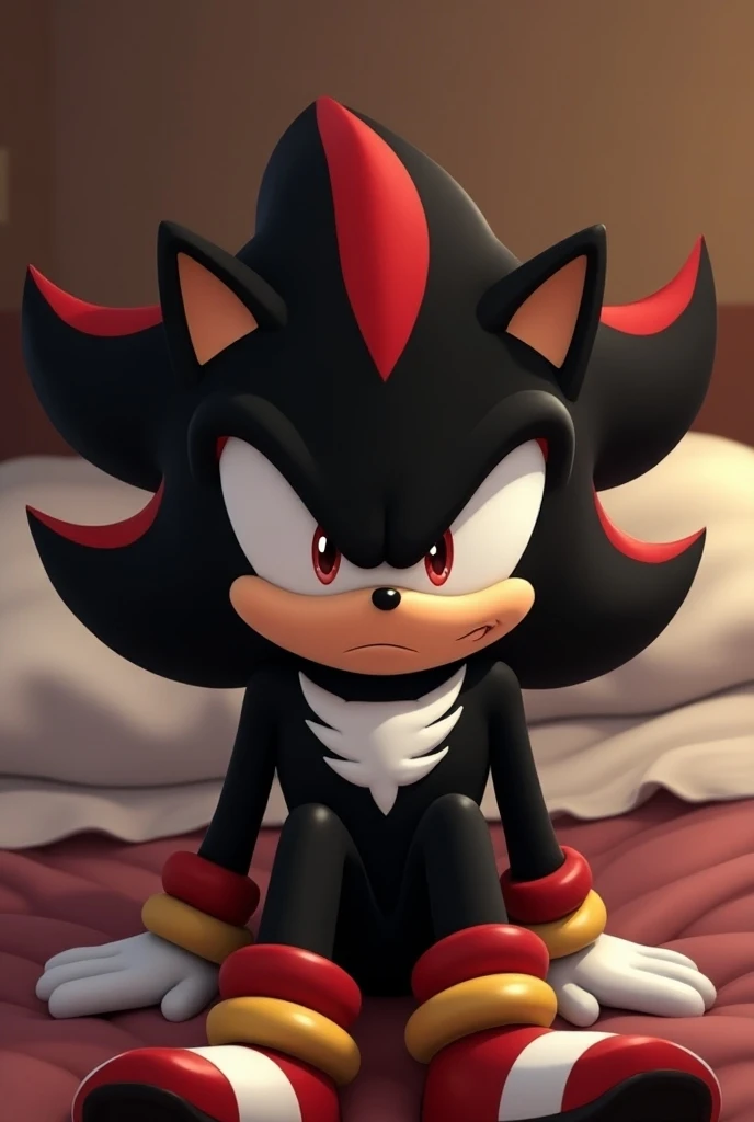 Create an image of Shadow the hedgehog without clothes with an erect penis and sit on the bed with the expression serious (NSFW, hentai) 