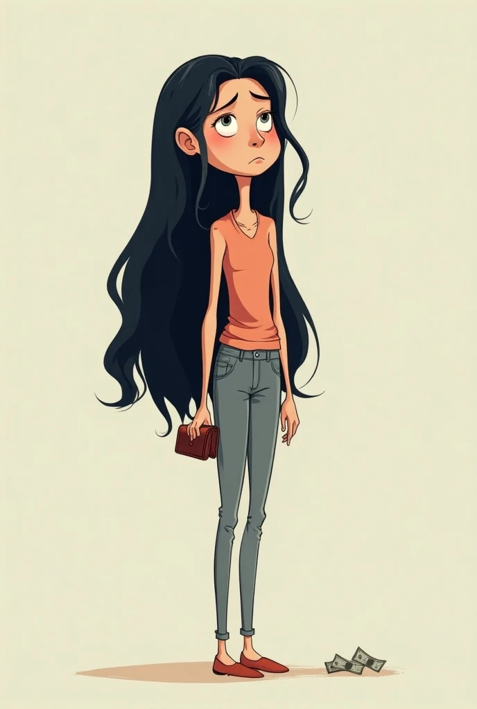 Cartoon of a tall girl, long and black hair, Sad because he has no money 