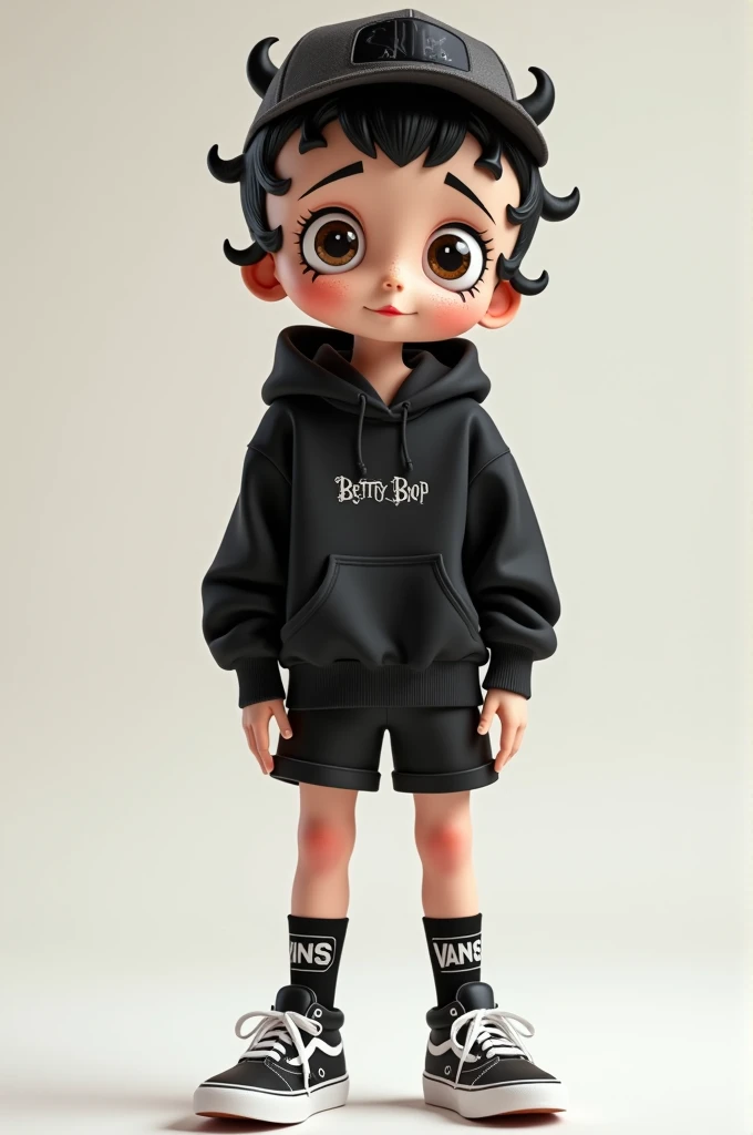  Betty Boop lesbian mens black shorts , black sweatshirt, cap backwards ,  without makeup and brown eyes with freckles on the face, Vans sneakers and high socks  