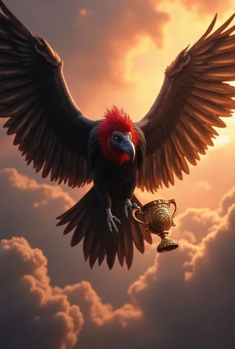 Create a red and black king vulture holding a flying trophy