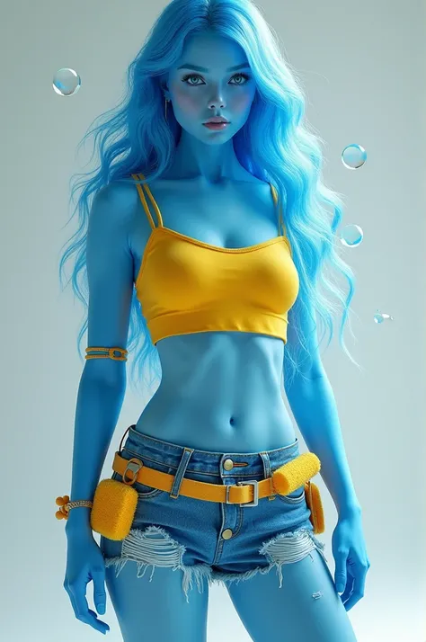 A adult blue skin transparent blue hair girl, yellow crop top, blue ripped shorts, a utility belt with small dish sponges, bubbles against her skin 