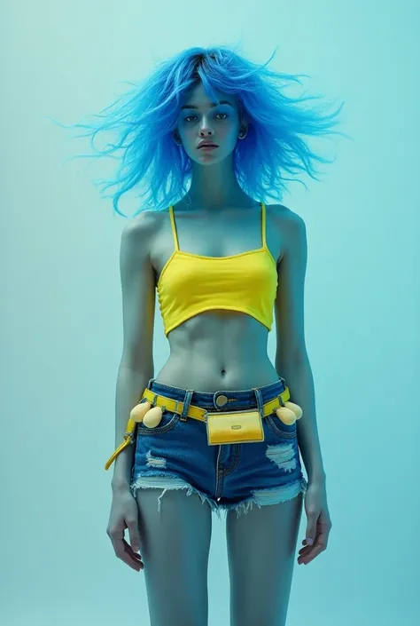 A adult blue skin transparent blue hair girl, yellow crop top, blue ripped shorts, a utility belt with small dish sponges, bubbles against her skin 