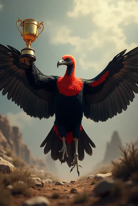 Create a red and black king vulture holding a trophy flying on the ground 