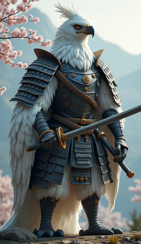  A giant realistic muscular white eagle in samurai armor,  armor is very scary , holding a katana with confidence .direct shot ,   His powerful posture emphasizes strength and grace . An eagle with a detailed helmet and face protector .  His muscles are hu...