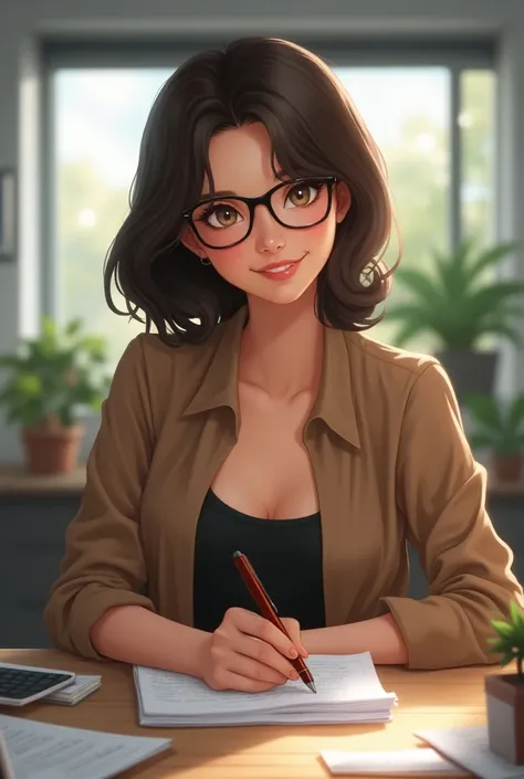 Beautiful flirty smiling woman in glasses sitting writing, light brown, DARK hair, smooth short medium and expressive light brown eyes . Located in an office in the day 