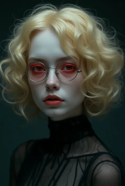 Women, blonde and curly hair, red eyes,  white skin,  medium lenses with red filter