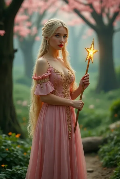 Woman Young very pretty hair very long blond blue eyes waby medieval fairy dress Pink gold embroidery red lips in a green fantasy forest and trees with pink leaves good quality with a golden shining star magic wand in his hand 8k