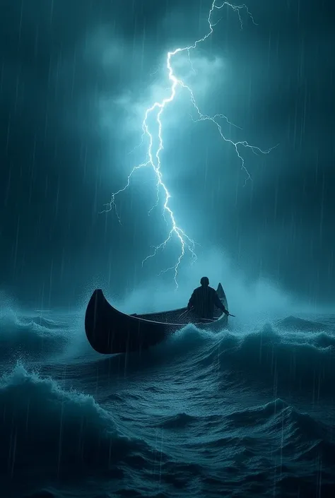 A canoe in the middle of the sea and in a storm with tornadoes and lightning,Rain and wind  ,The canoe turning to one side and the other