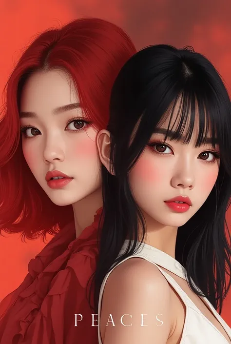  Create an image as a book cover containing Roseanne Park and Jennie Kim with the title "Peaces" with their red and white colors 
