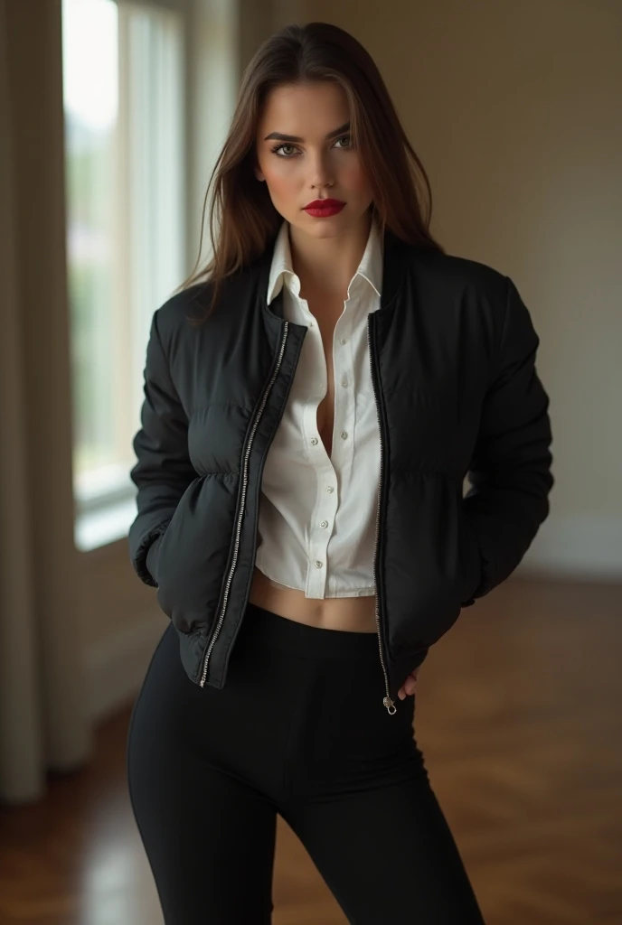  Incredibly sexy girl in a satin tucked into a white shirt, on top of the shirt in a short black puffy jacket , In black trousers, red lips,  eyeliner , hot makeup, straight clean hair, on heels, shows her ass on camera standing in the room and looking at ...