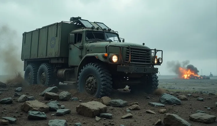 military vehicle blown into pieces, gloomy weather