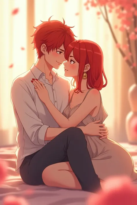 Anime boy sat in anime womans lap Smile, Blush, Red Hair, 