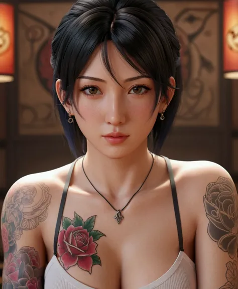 a close up of a woman with tattoos on her chest, 3D anime styleที่สมจริง, 3D Anime Realistic, Realistic animation girl render, 8K high quality detailed art, Anime high detail , Super smooth anime CG art, Popular on cgstation,  sexy Tifa Lockhart portrait, ...