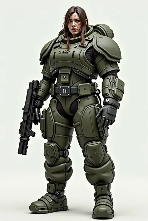 Full body turnaround of 2 meters tall female heavy infinitary character wearing bomb suit tactical vest  , tactical vest, broad shoulders , huge , bulky , padded military green bomb suit , bomb team , armored clothing made of scraps and old fabric with bea...