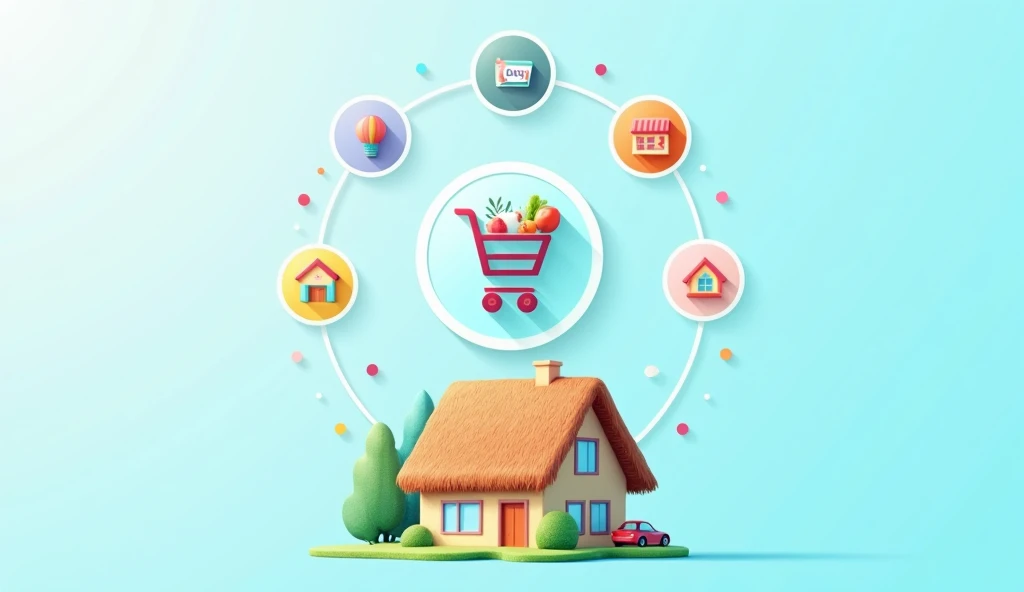 A cover image for "House online shop" with a store icon, a shopping cart icon, and a buy icon. The store icon is a building with a shopping bag over its entrance. The shopping cart icon is a shopping cart with multiple items. The buy icon is a circular but...