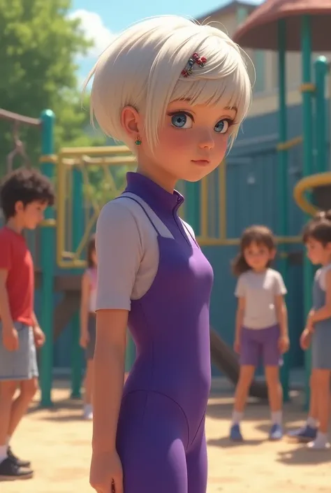 White girl , 10y, 2:3, standing, side view, tight violet jumpsuit, short pixie hair, small earrings, hair pin, blue eyes, shy, playground, girls in background