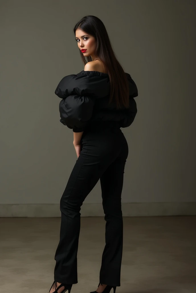 Incredibly sexy girl in a short black puffy jacket , In black trousers, red lips,  eyeliner , hot makeup, straight clean hair, on heels, shows her ass on camera standing in the room and looking at the camera, Full-length photo from head to toe, Back view 