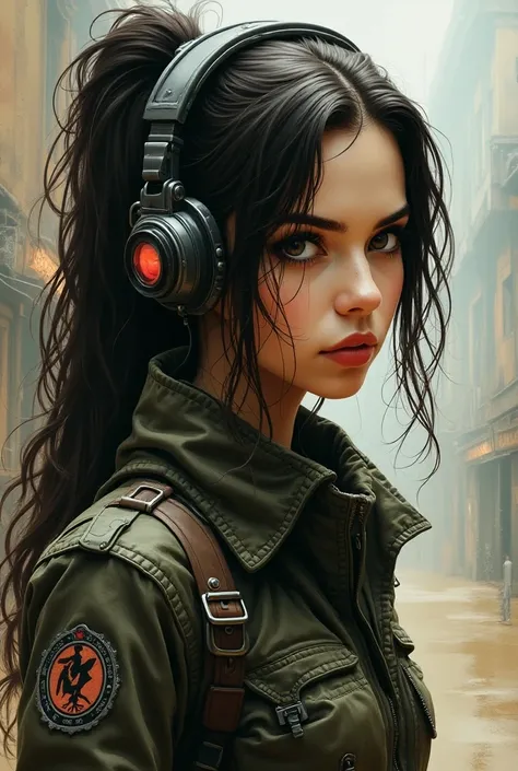 Dieselpunkster in a 3/4 front view, surviving in a post-apocalyptic, cyberpunk-infused world, Chris Hamilton art style, gorgeous, brunette, translucent brushstrokes, small intricate details, highly detailed, beautiful details, intricate, details masterpiec...