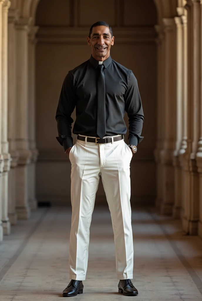 handsome black man, strong physique, black colored formal blouse, long white pants ,  Black dress shoes , short hair,  brown eyes, Slim appearance, elegant, church scene, brown tie, happy look, ancient kingdom, man in his 40s.