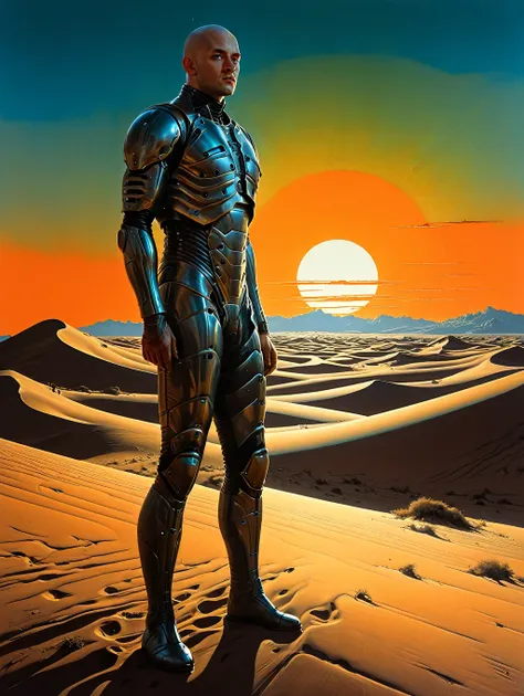 epic, stunning, illustration, full shot, dune, contemplative, standing tall, wearing stillsuit, vast desert, sand dunes, setting...