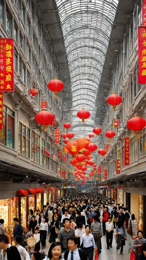 Create a super high definition real picture， The picture depicts the shopping frenzy on the bustling streets， The shopping malls in Shanghai are crowded ，Everyone is carrying shopping bags ， entering and leaving major shopping malls ， There are all kinds o...