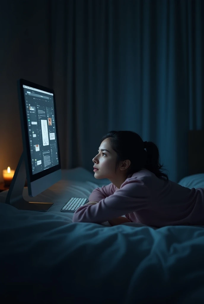 Do a woman with her back on a bed watching a conversation on a computer