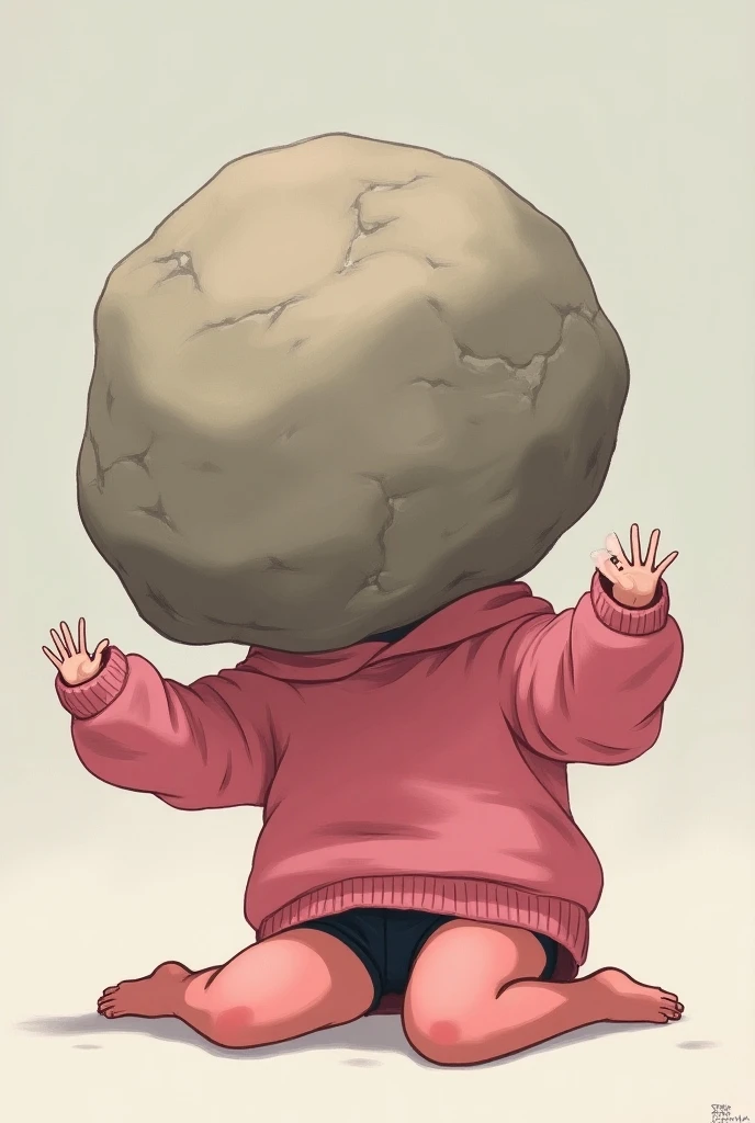 girl, anime, pink tights that reach her thigh , chompa rosa,  with a large rock that replaces her head, with arms outstretched,  sitting on knees , with a short black boxer , The hands beg ,  the rock completely covers the girls head