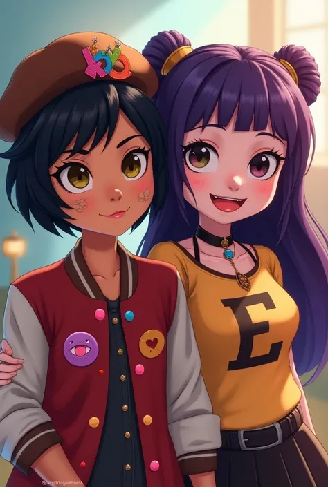  You can create a fanart of these two characters  
**Luz Noceda**
Hair: Dark and short .
accessory:  He wears a brown beret with a badge design and a of the bisexual flag , una chapita de color rosa con un ojito morado marcado con rosa y un pinche de un co...