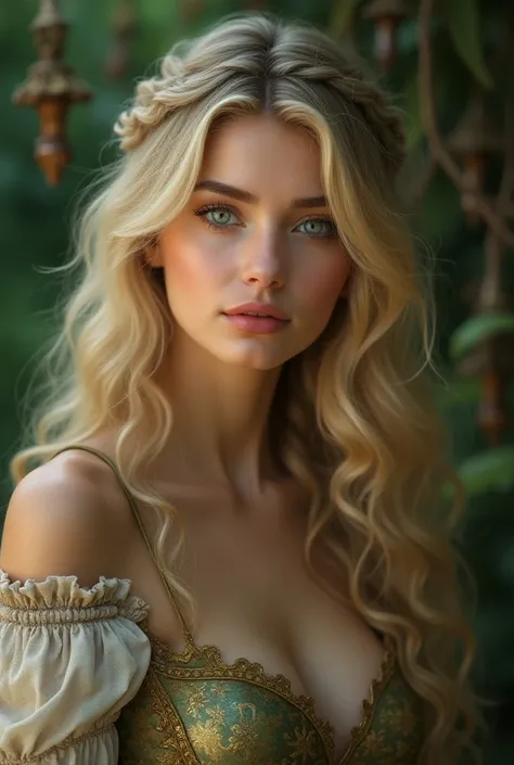 Woman Young 20 year very pretty hair very long blond curly  red blue Green eyes waby medieval fairy 8k