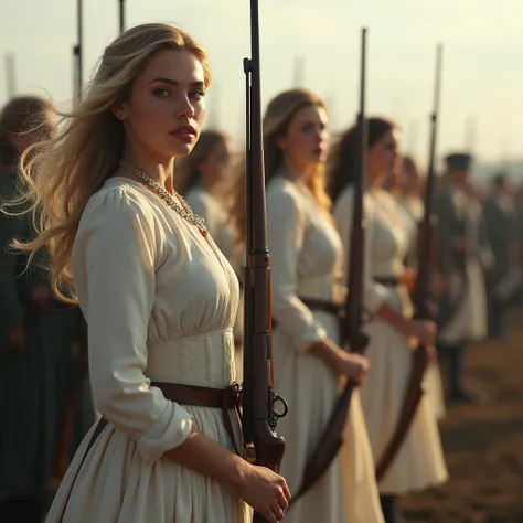 A dramatic battle scene from the 19th century: A bataillon of young female ry soldiers standing in a rifle line, ready to fire, aiming their rifles at the enemy. The picture shows hundreds of beautiful young european women in figure-hugging uniforms. The w...