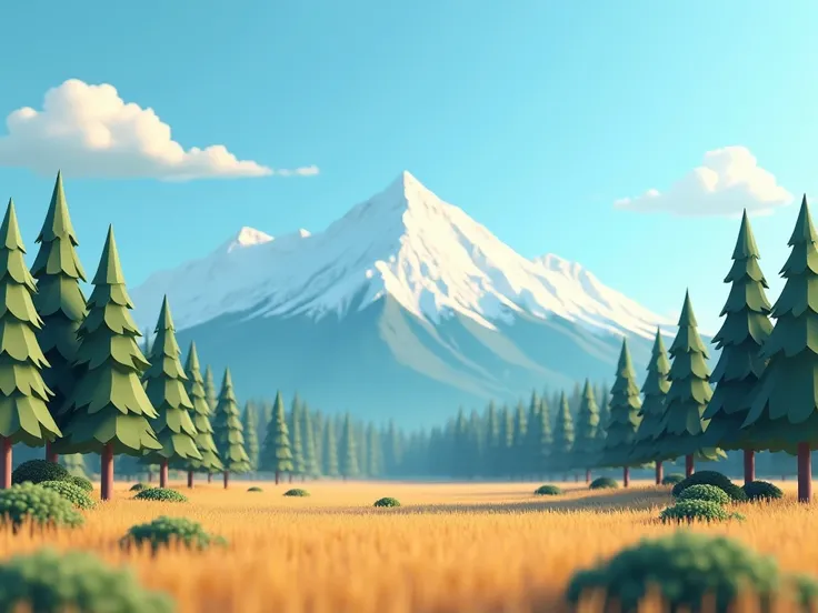 3d art, daytime landscape 3d animation style, blue sky with some clouds, mountain range with snowy peaks in the background followed more closely by forest of tall trees surrounding a plain with savannah and some bushes