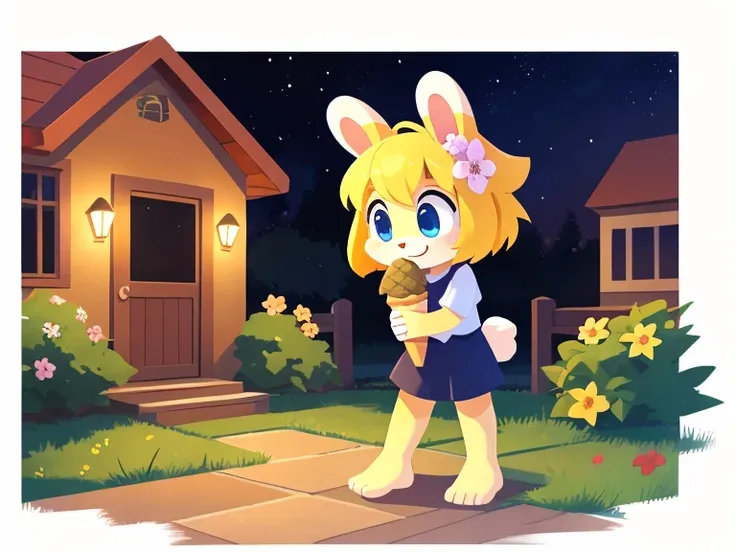 Girl, yellow rabbit, short bright yellow hair, blue eyes, big ears, small tail, bare feet, standing, background, garden, house, midnight, sky, stars, high quality, plain clothes, holding flowers, wearing freshness, black eyes, happy, face holding ice cream...