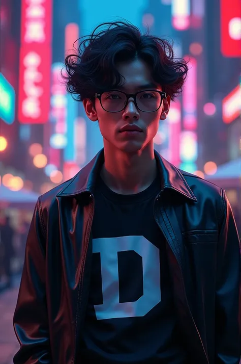 male character,  with curly black hair , wearing glasses,  black clothes with the shirt printed with a white D, in HD 4K ,  wallpaper city in the background neon cyberpunk ,  detailed dark animated clothes 