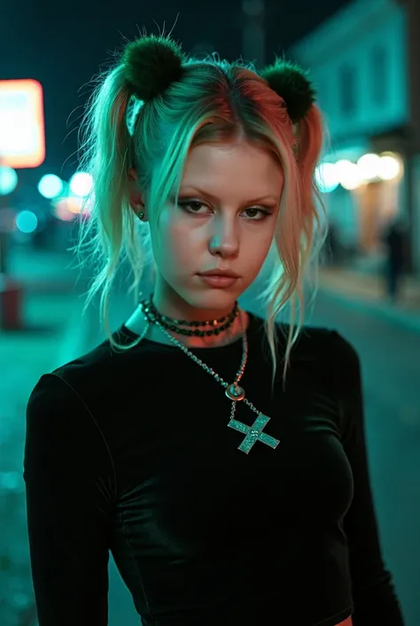 Mia Goth as a character that has blonde hair styled in two small pigtails tied with green furry ball bands. No eyebrows, her makeup is bold, with dark green lipstick and matching eye shadow. She wears a black top with long velvet dark green sleeves and a m...