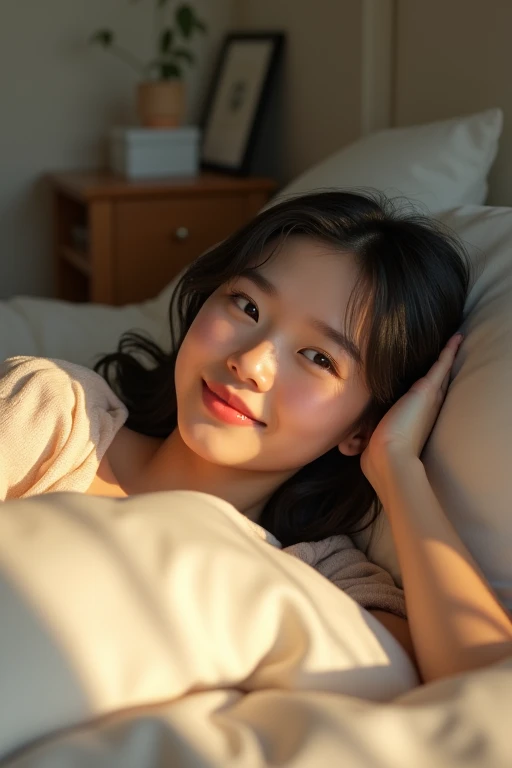 school girl, lying in bed, smiling, ultra realistic, professional light