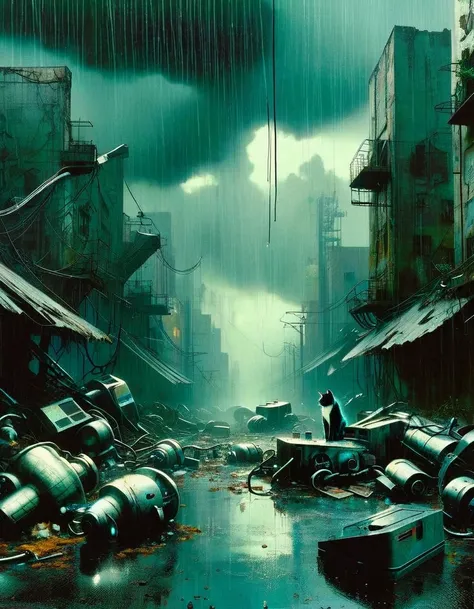 post apocalyptic city landscape, collapsed, futuristic, two broken food machines, a cat, dark clouds, rain, art inspired by Bill Sienkiewicz and Dave McKean

