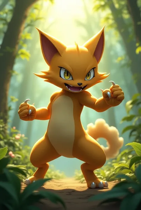 Pokemon Meowscarada ultra realistic like the cartoon in a fighting forest 