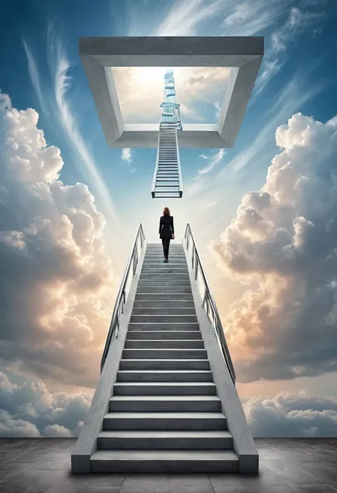 an image of a 3d staircase, only in square format, and on this ladder a woman in a suit climbing those stairs , realialismo abso...