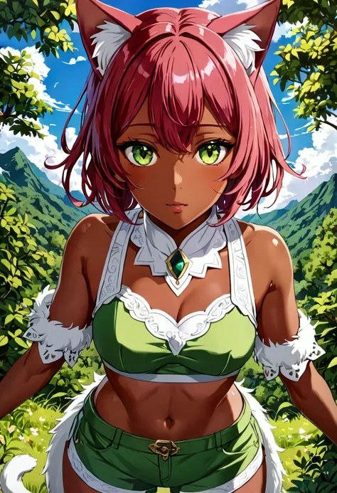 haineko, haineko, short hair, red hair, animal ears, tail, cat ears, cat tail, (green eyes:1.5), dark skin, dark-skinned female,
BREAK navel, midriff, fur, crop top, sleeveless, detached sleeves, shorts, pink shorts, pink crop top,
BREAK outdoors, nature, ...