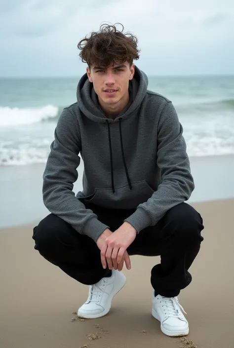 fashion photography,  of a young man as a ((black metal artist)) with ((tousled hair)) In a full tweed set,  channeling British countryside chic,  dressed in gray hoodie,  black sweatpants,  white athletic shoes,  beach setting,  ocean horizon,  cloudy sky...