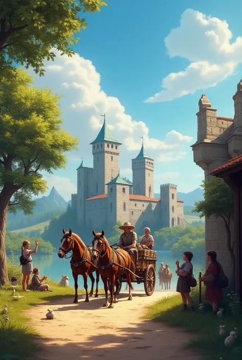 A wooden cart ,  pulled by two sturdy horses ,  slowly advances down a dusty dirt road towards a majestic medieval kingdom. In the background,  imposing stone walls surround the castle ,  whose towers rise under a clear blue sky ,  adorned with some white ...