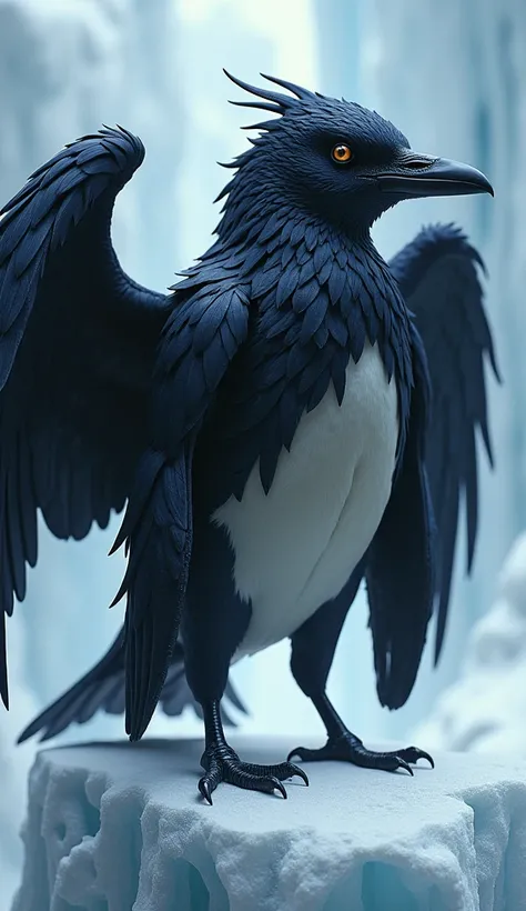 Draw a crow-penguin hybrid monster in a photorealistic style. This monster has the black wings of a crow and the round body of a penguin, highlighting its unique features. Create an attractive composition with a snowy landscape or ice cubes in the backgrou...