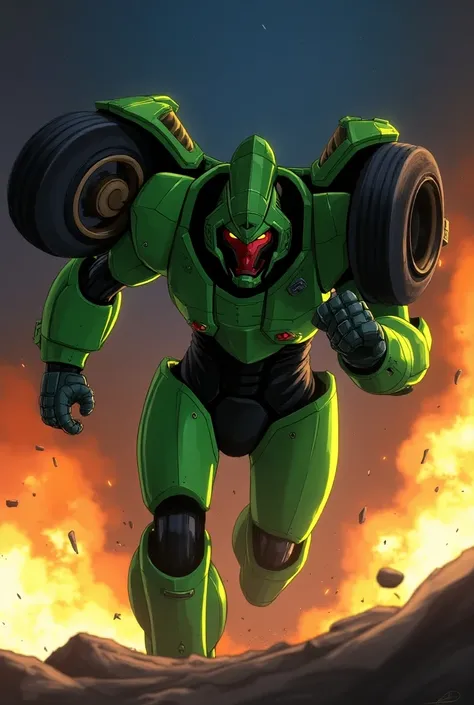 I want a photo of Robotech from the TV series wearing the green battloid suit with motorcycle wheels on his shoulder running at night between explosions wearing a black helmet with glitter from the explosions 