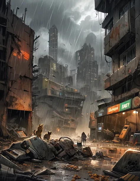 post apocalyptic city landscape, collapsed, futuristic, two broken snack machines, a cat, dark clouds, rain, art inspired by Bill Sienkiewicz and Dave McKean
