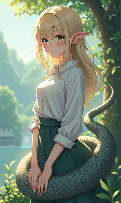 One girl, Lamia, scale, White shirt, whole body, Outdoor,Not too long a tail, anime elf girl 