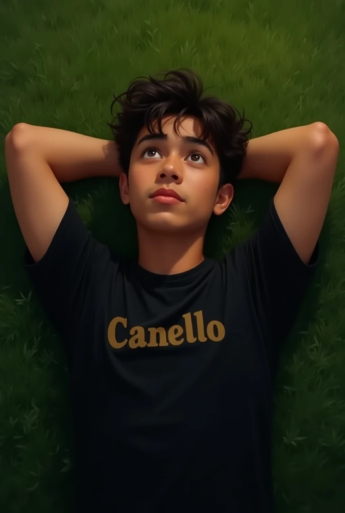 Young Latino teenager lying on the grass with his arms around the back of his head looking up thoughtfully wearing a black t-shirt with brown canello 